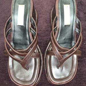 Mainframe brown leather embroidered wedges